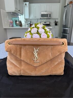 Saint Laurent Brown Suede Quilted Chevron Shoulder Bag with Gold Hardware